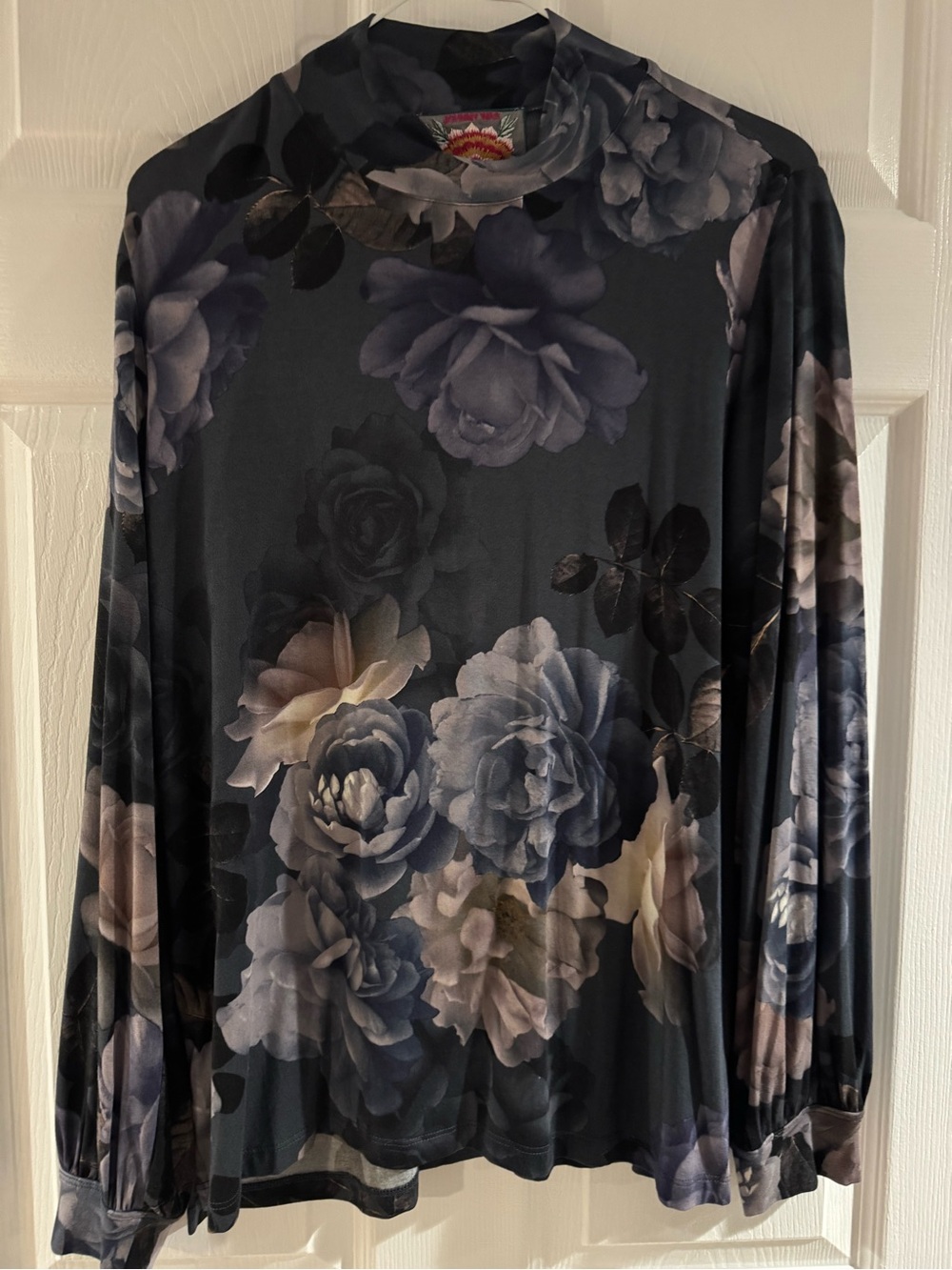 Johnny Was Black Floral Mock-Neck Long Sleeve Top